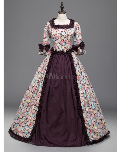 Women Tan Vintage Costume Lace Ruffles Medieval Floral Print Long Party Dresses Halloween Sets Country Style