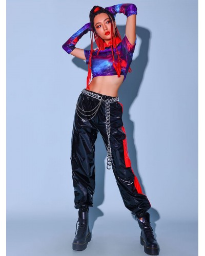 Women Hip Hop Dance Costumes Adult's Black 's Top Pants Two-Tone Layered Hip Hop PU Leather Street Dancing Costume