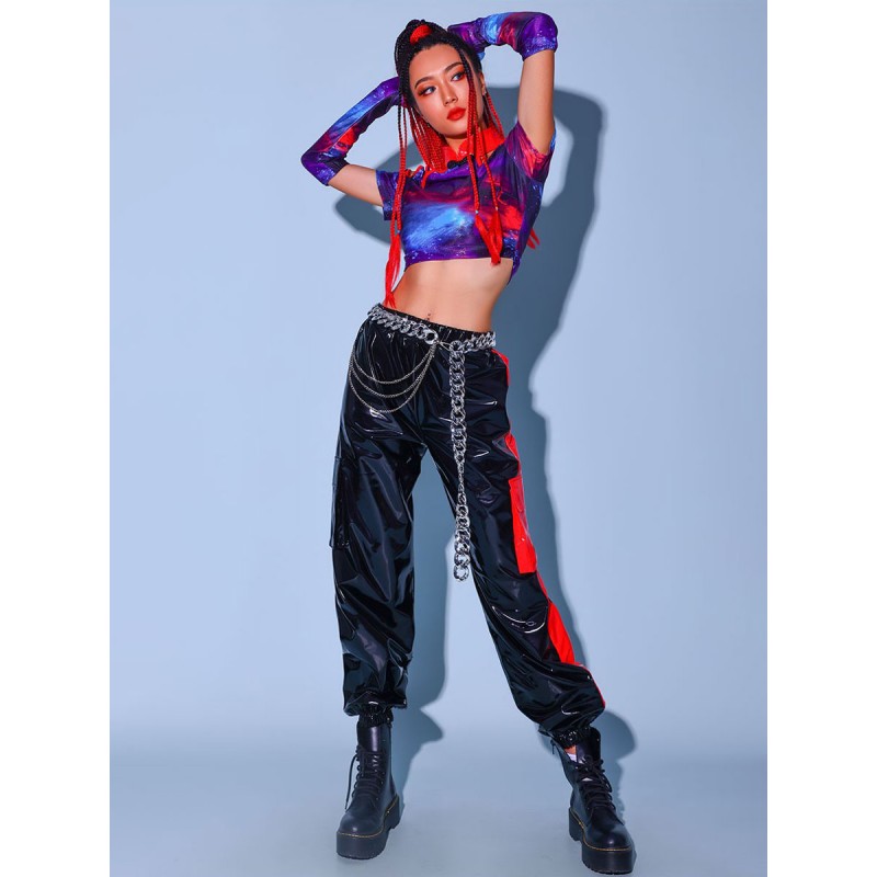 Women Hip Hop Dance Costumes Adult's Black 's Top Pants Two-Tone Layered Hip Hop PU Leather Street Dancing Costume