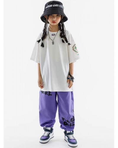 Hip Hop Dance Costumes Kid's Purple Unisex Top Pants Set Cotton Street Costume Dancing Party Ball