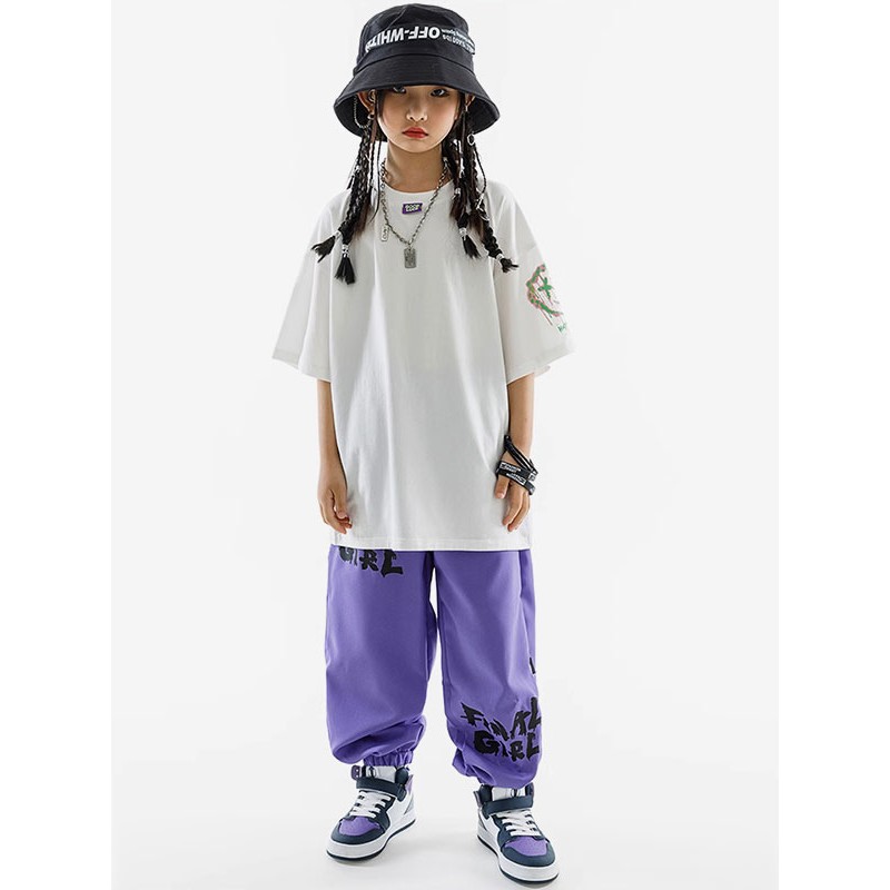 Hip Hop Dance Costumes Kid's Purple Unisex Top Pants Set Cotton Street Costume Dancing Party Ball