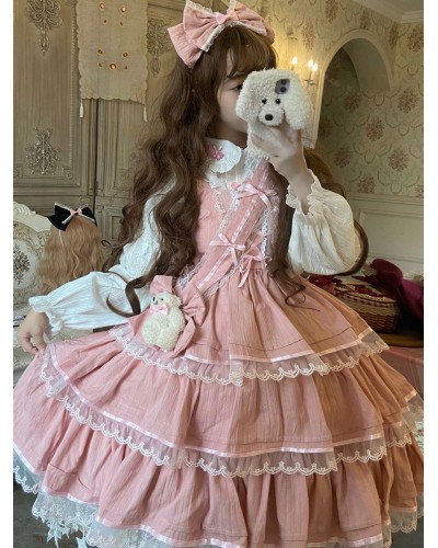 Sweet Lolita JSK Dress Polyester Sleeveless Lace Ruffles Bows Pink Lolita Jumper Skirt