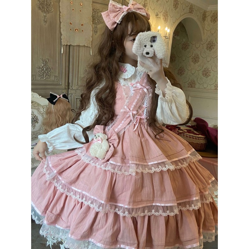 Sweet Lolita JSK Dress Polyester Sleeveless Lace Ruffles Bows Pink Lolita Jumper Skirt