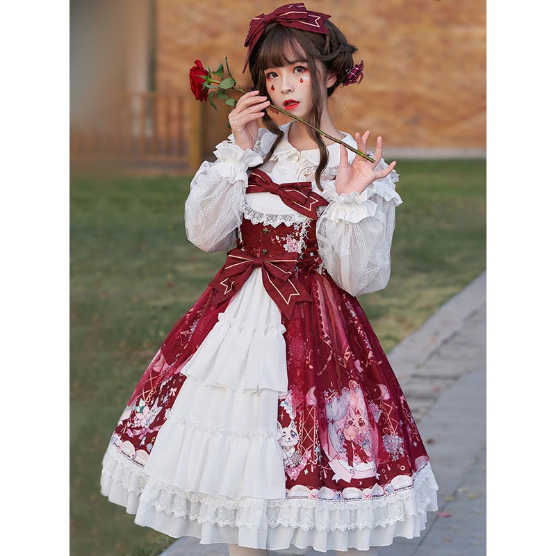 Lolita JSK Dress Bow Lace Bows Cat Print Lolita Jumper Skirts Sweet Spring Summer Fall Daily Casual