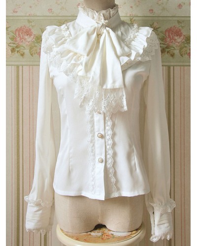 Lolita Blouse Lace Ruffle High Collar Bows Vintage Lolita Shirt Blouses Sweet Daily Casual