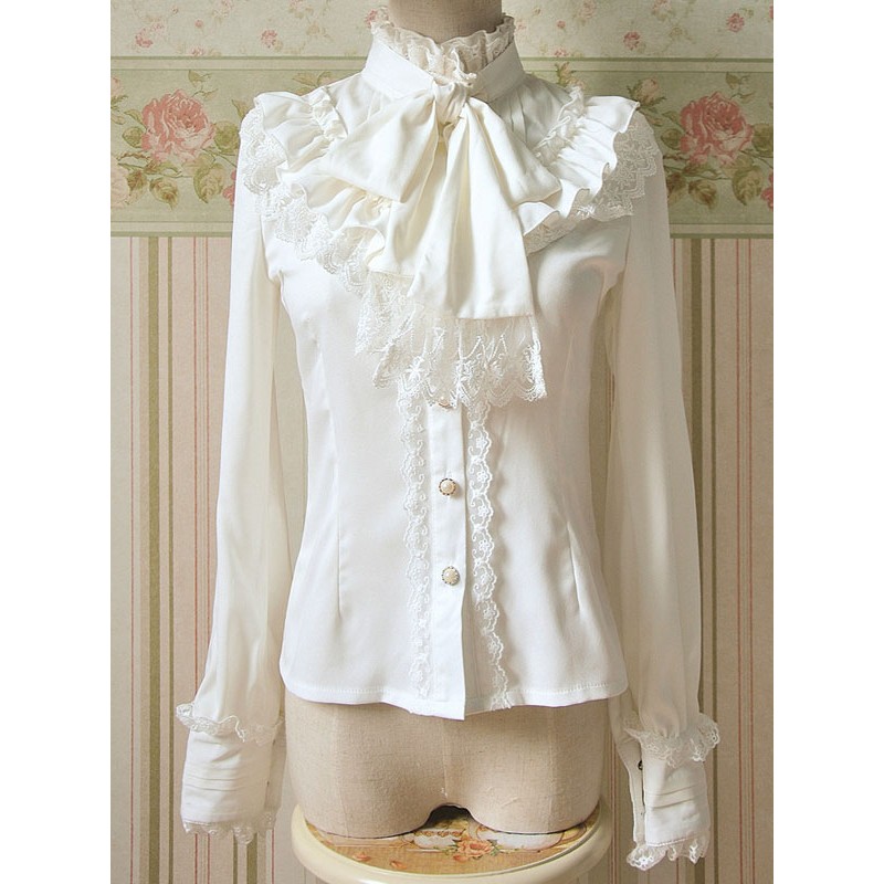 Lolita Blouse Lace Ruffle High Collar Bows Vintage Lolita Shirt Blouses Sweet Daily Casual