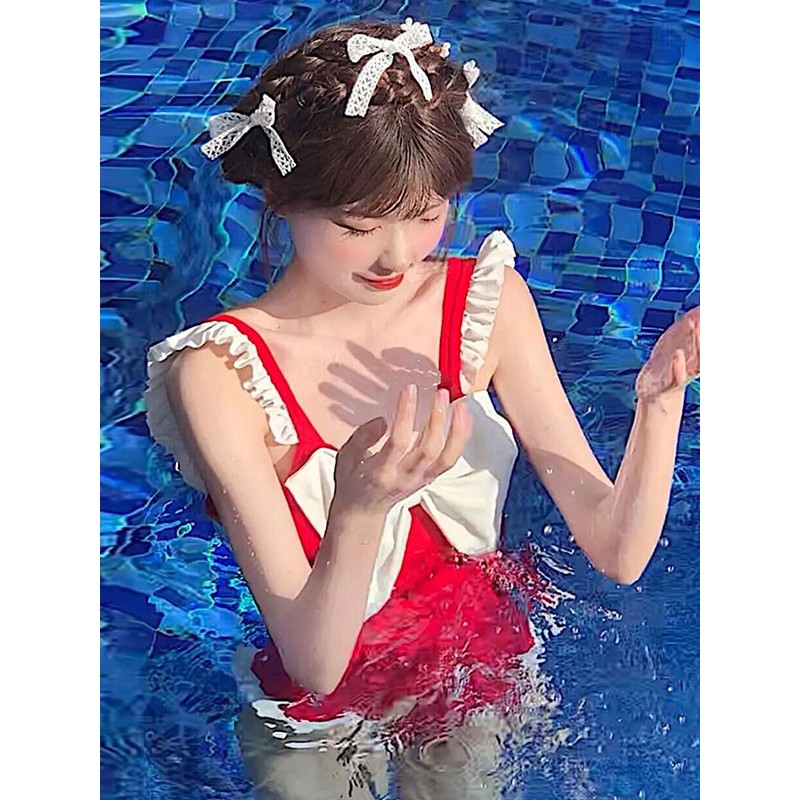 Red Lolita Outfits Ruffles Bows Sleeveless Jumpsuit Swimsuit Sets Daily Casual