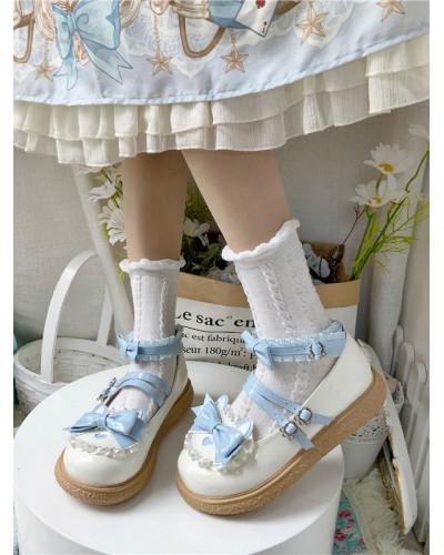 Sweet Lolita Footwear Light Sky Blue Ruffles Bows PU Leather Chunky Heel Lolita Shoes