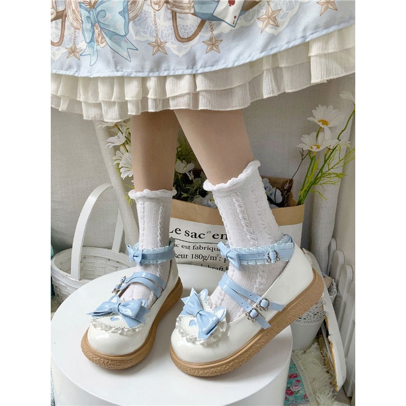 Sweet Lolita Footwear Light Sky Blue Ruffles Bows PU Leather Chunky Heel Lolita Shoes