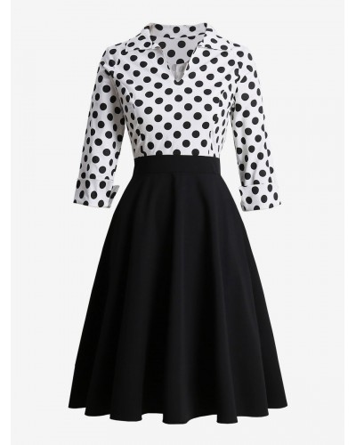 Women 's Black Vintage Dress 1950s Audrey Hepburn Style V-Neck 3/4 Length Sleeves Polka Dots Retro Cotton Dress Blazer Dress Field Dating