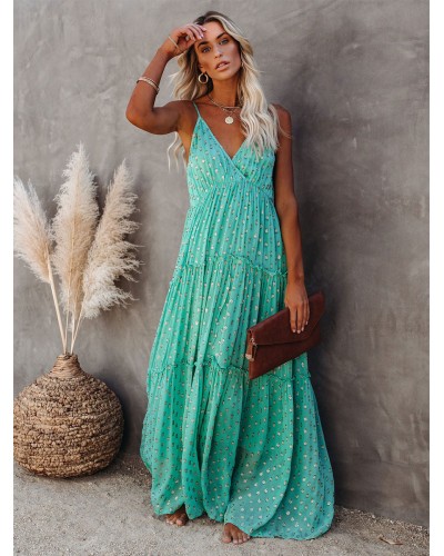 V-Neck Maxi Dress Sleeveless Casual Floor Length Dress Bohemian Beach Resort Wear