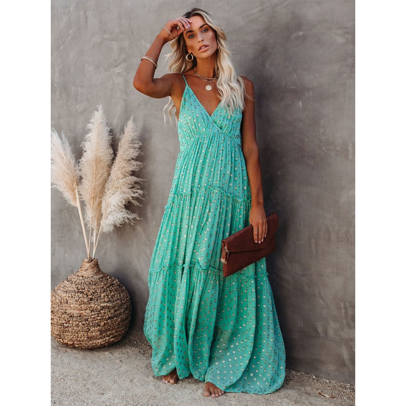 V-Neck Maxi Dress Sleeveless Casual Floor Length Dress Bohemian Beach Resort Wear