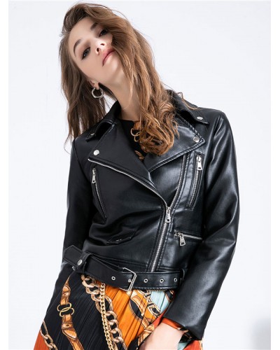 Women Rcycle Jacket Black Pu Leather Spring Outerwear Moto