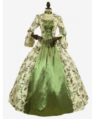 Women Victorian Dress Costume Green Retro Costumes Long Sleeves Square Neckline Ball Gown Floral Print With Choker Victorian Era Clothing Marie Antoinette Costume Set Sets Vintage Baroque