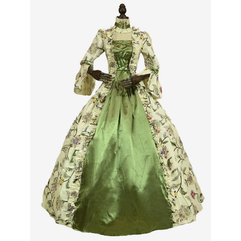 Women Victorian Dress Costume Green Retro Costumes Long Sleeves Square Neckline Ball Gown Floral Print With Choker Victorian Era Clothing Marie Antoinette Costume Set Sets Vintage Baroque