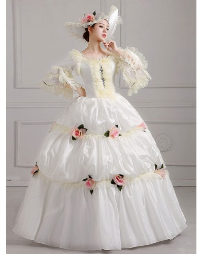 Women Ecru White Retro Costumes Flowers Polyester Dress 's Marie Antoinette Costume Clothing Tunic Vintage Euro-Style