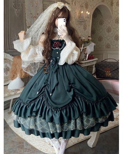 Classical Lolita JSK Dress Ink Green Ruffles Bows Sleeveless Polyester Lolita Jumper Skirt