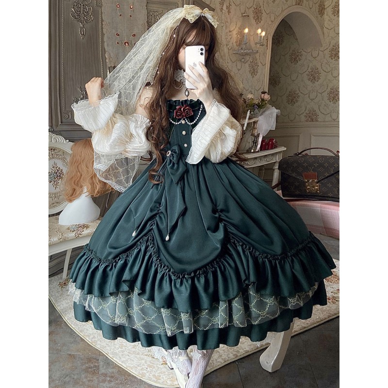 Classical Lolita JSK Dress Ink Green Ruffles Bows Sleeveless Polyester Lolita Jumper Skirt