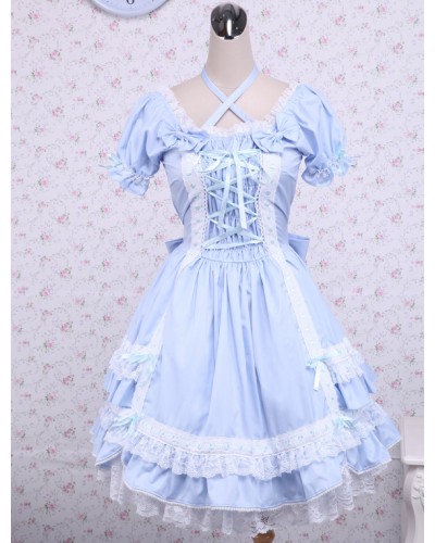 Cotton Blue Short Sleeves Bow Lace Cotton Classic Lolita Dress Classic  Traditional Summer Tea Party