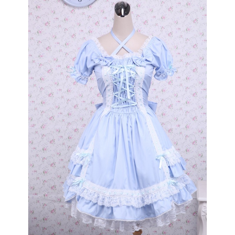 Cotton Blue Short Sleeves Bow Lace Cotton Classic Lolita Dress Classic  Traditional Summer Tea Party