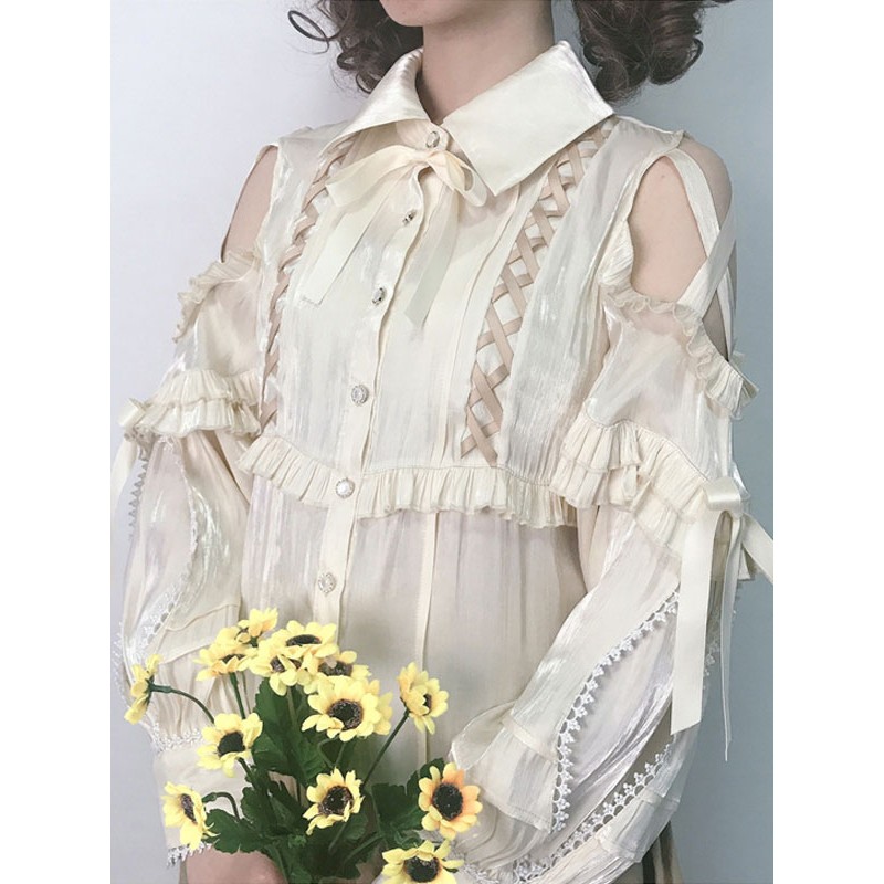 Lolita Blouses Polyester Lace Up Long Sleeves Casual Top Light Apricot Lolita Shirt Tops Sweet Daily Casual