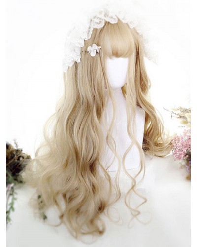 Rococo Lolita Wigs Light Gold Long Blunt Bangs Crimped Curls Anya Synthetic Hair Wigs Tea Party