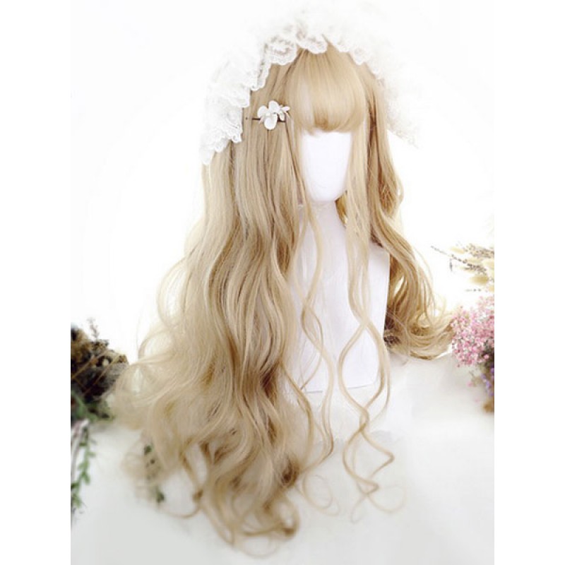 Rococo Lolita Wigs Light Gold Long Blunt Bangs Crimped Curls Anya Synthetic Hair Wigs Tea Party