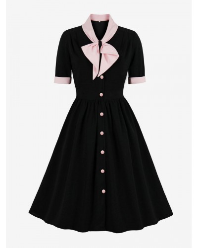 Women 1950s Audrey Hepburn Style Dress Black Polka Dot Short Sleeves V-Neck Black Rockabilly Dress Vintage Daily Casual