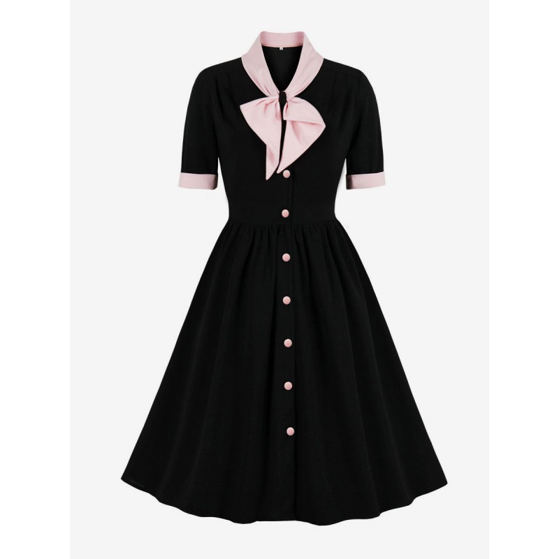 Women 1950s Audrey Hepburn Style Dress Black Polka Dot Short Sleeves V-Neck Black Rockabilly Dress Vintage Daily Casual