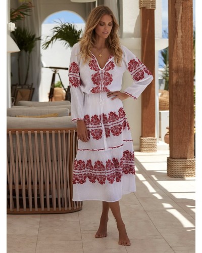 Women Boho Dress White Crewneck Long Sleeve Gypsy Embroidered Vacation Long Beach Dress Bohemian Spring Fall