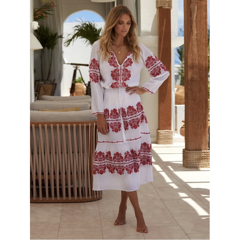 Women Boho Dress White Crewneck Long Sleeve Gypsy Embroidered Vacation Long Beach Dress Bohemian Spring Fall