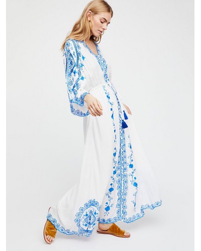 Boho Maxi Dress V Neck Long Sleeves Embroidered Summer Dress Bohemian Beach Resort Wear