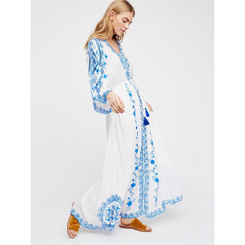 Boho Maxi Dress V Neck Long Sleeves Embroidered Summer Dress Bohemian Beach Resort Wear