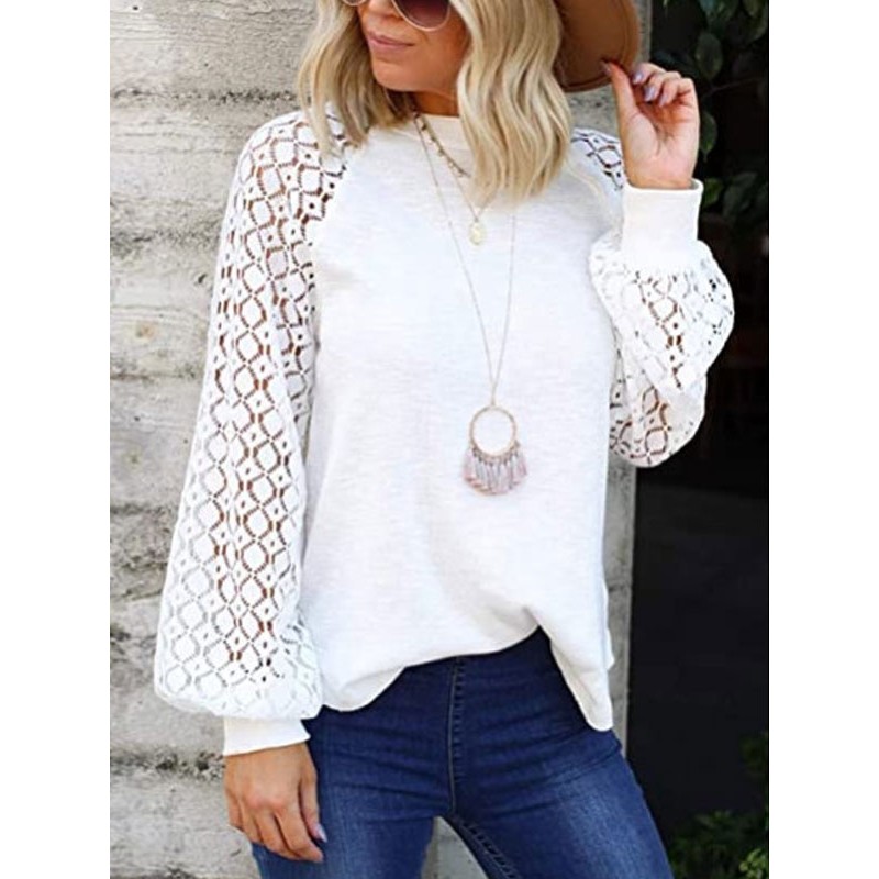 White Blouse For Women Long Sleeves Jewel Neck Cotton Casual T-Shirt Street Wear