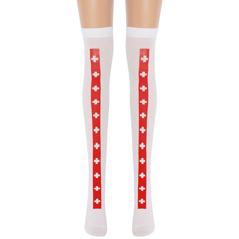 Girl Saloon Stockings White Cross Knee High Socks Carnival Cosplay Costume Accessories Christmas Halloween Ball