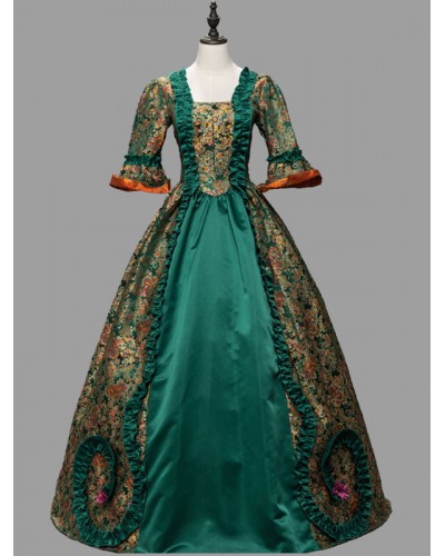 Women Green Costumes Ruffles Polyester Floral Print Marie Antoinette Costume Dress 's 18th Century Costume Tunic Retro