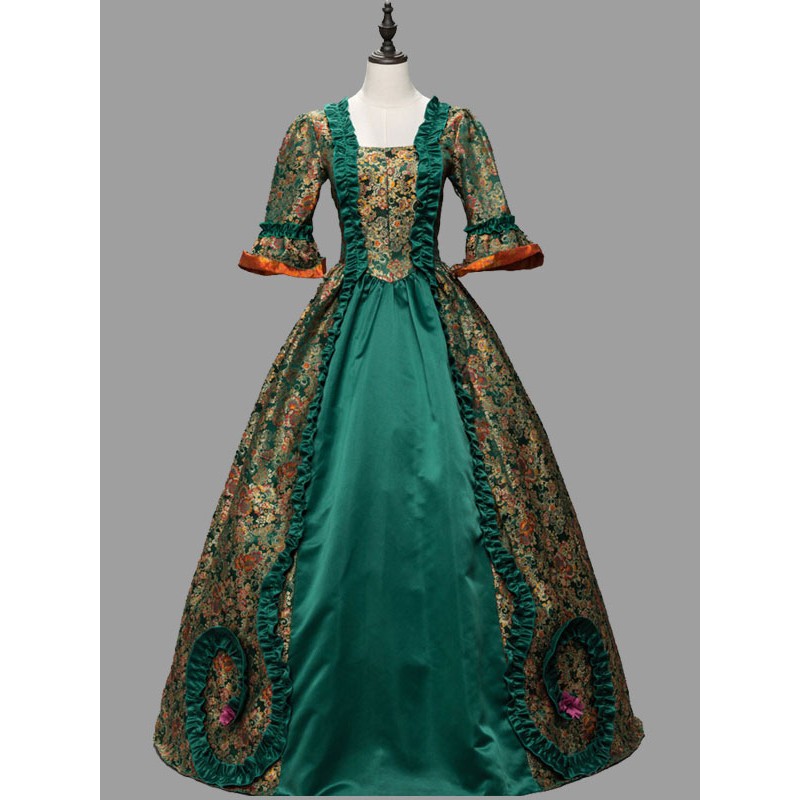 Women Green Costumes Ruffles Polyester Floral Print Marie Antoinette Costume Dress 's 18th Century Costume Tunic Retro