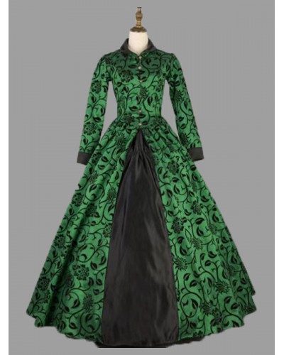 Women Green Costumes 's Floral Print Marie Antoinette Costume Polyester Dress Party Prom Dress Tunic Retro