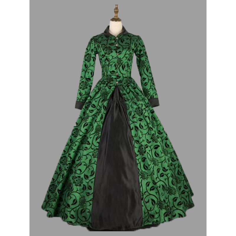 Women Green Costumes 's Floral Print Marie Antoinette Costume Polyester Dress Party Prom Dress Tunic Retro