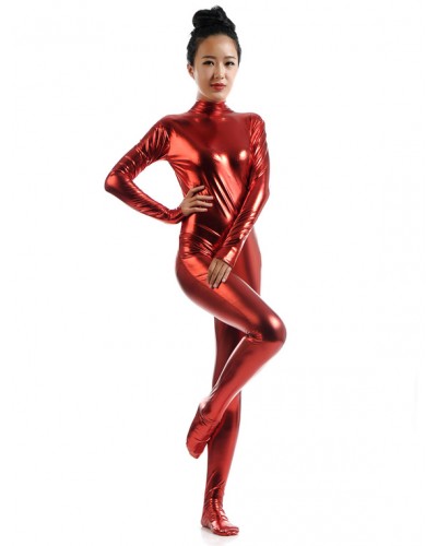 Women Dark Red Adults Bodysuit Cosplay Jumpsuit Shiny Metallic Catsuit Solid