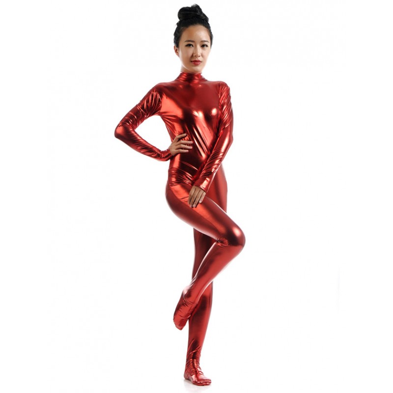 Women Dark Red Adults Bodysuit Cosplay Jumpsuit Shiny Metallic Catsuit Solid