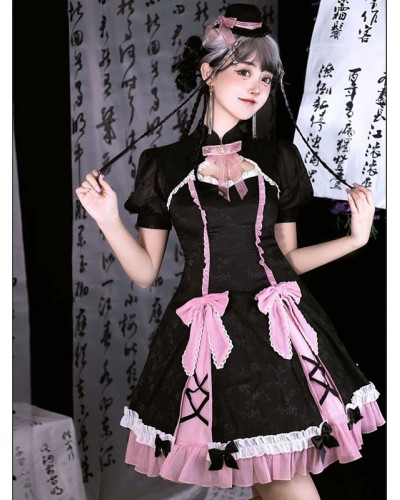 Chinese Style Lolita Dress Bows Short Sleeves Polyester Chinese Style Black Chinese Style Lolita