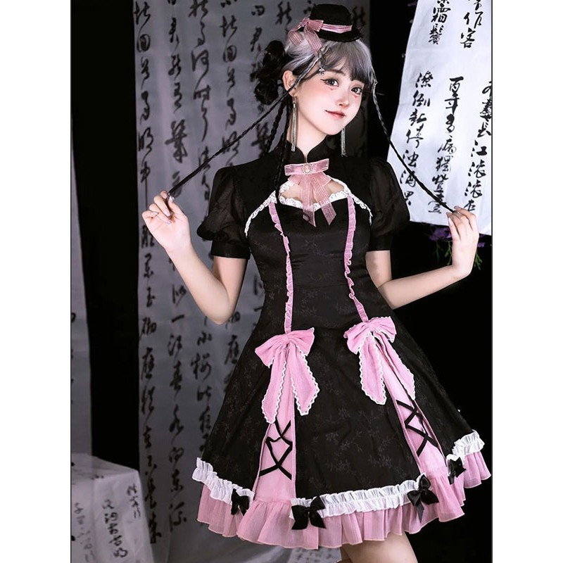 Chinese Style Lolita Dress Bows Short Sleeves Polyester Chinese Style Black Chinese Style Lolita