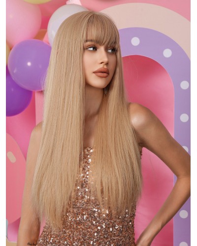 Barbie Long Wig Light Gold Blunt Fringe Rayon Women Synthetic Wigs Sweet Feminine Casual