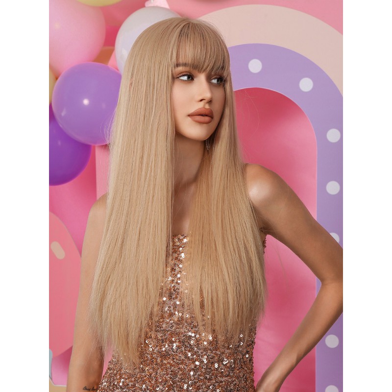 Barbie Long Wig Light Gold Blunt Fringe Rayon Women Synthetic Wigs Sweet Feminine Casual