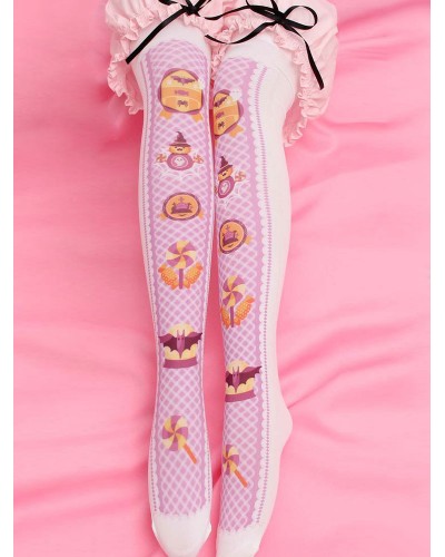 Sweet Lolita Stocking Pink Velvet Printed Thigh Stocking Socks Daily Casual