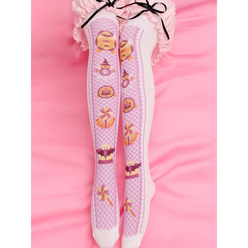 Sweet Lolita Stocking Pink Velvet Printed Thigh Stocking Socks Daily Casual