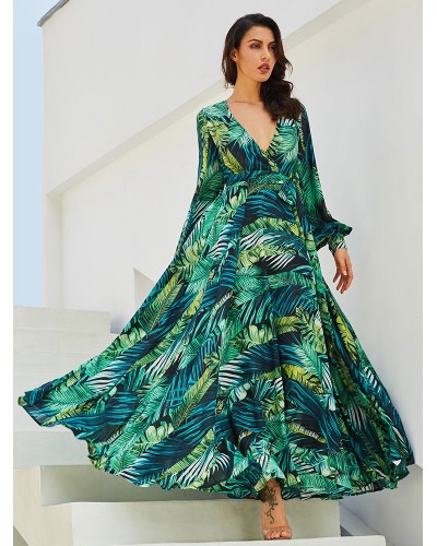 Women Maxi Dress V-Neck Long Sleeves Printed Long Dress Elegant Fall