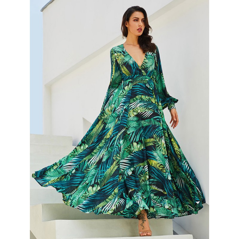 Women Maxi Dress V-Neck Long Sleeves Printed Long Dress Elegant Fall