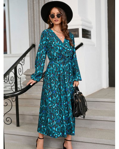 Women Leopard Print Lace Up Layered Casual V-Neck Long Sleeves Midi Dress Maxi Spring Fall